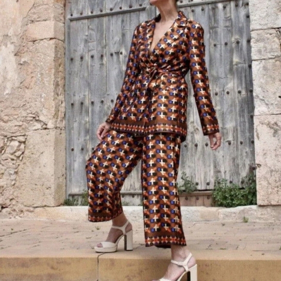 New Zara Printed Double Breasted Tie Belt Brown Blazer Blogger Favorite NWT XS - Picture 7 of 17